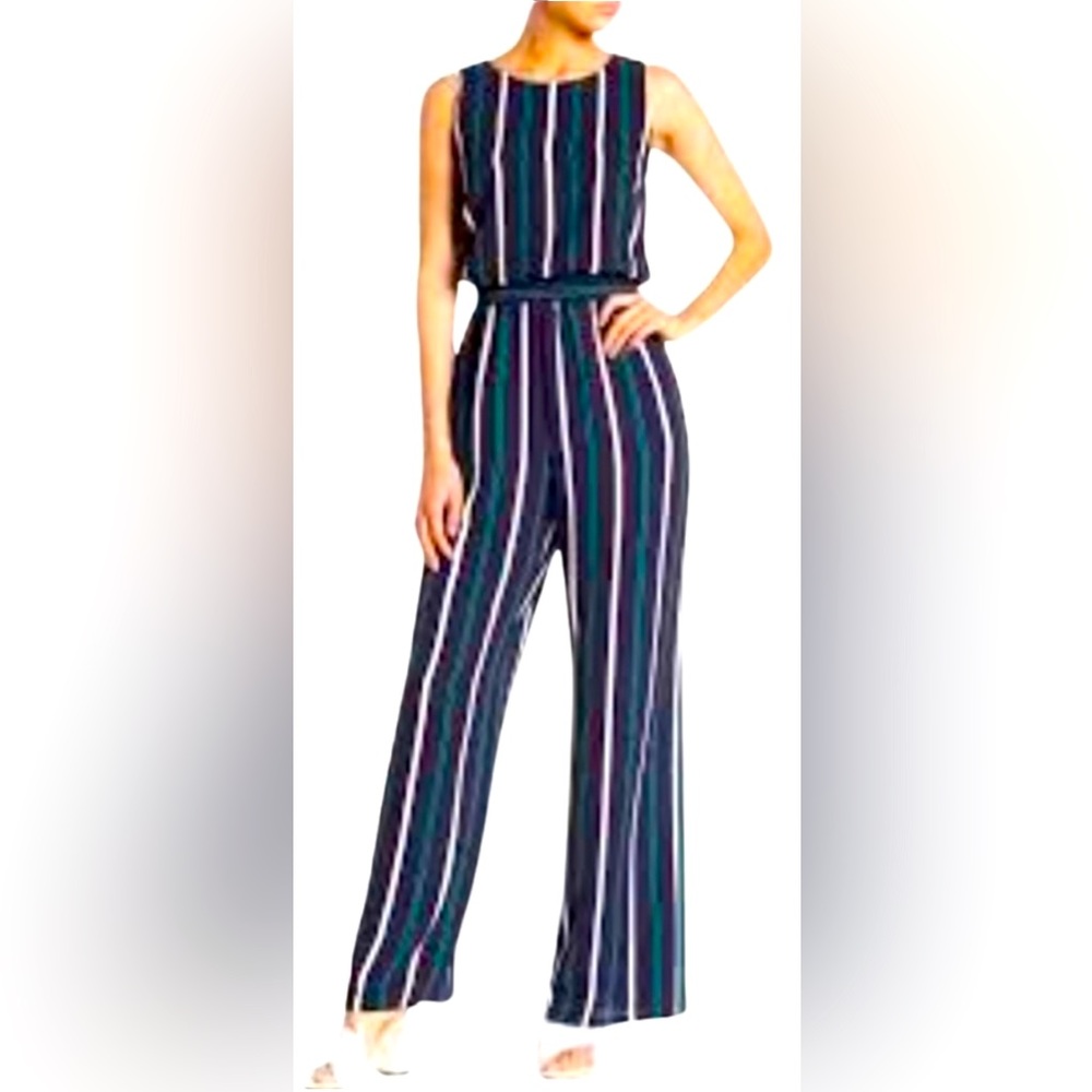 Eliza J. Sleeveless Navy Stripe Wide Leg Blouson Jumpsuit w Elastic Waistband